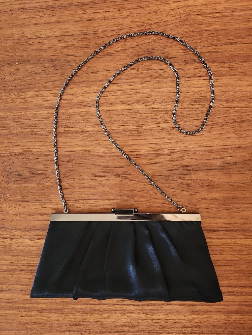 Gunne Sax Pleated Black Satin Clutch With Tuck-In Chain Strap